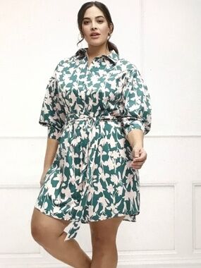 ELOQUII Cotton Blossom Print Shirt Dress with Puff Sleeves Plus Size 22